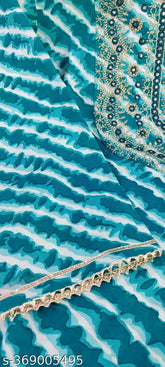 Blue rayon embroidered yokr kurti with leheriya print and lace border, suitable for women's winter wear. Size: 5XL (Bust Size: 50 in, Length: 44 in). Indian craftsmanship on display